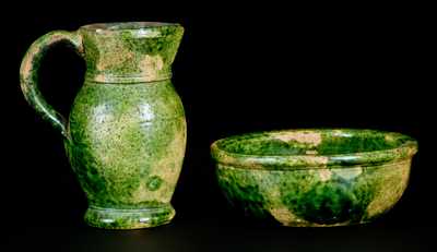 Exceptional Miniature Multi-Glazed Redware Pitcher and Bowl Set, Strasburg, VA, c1890