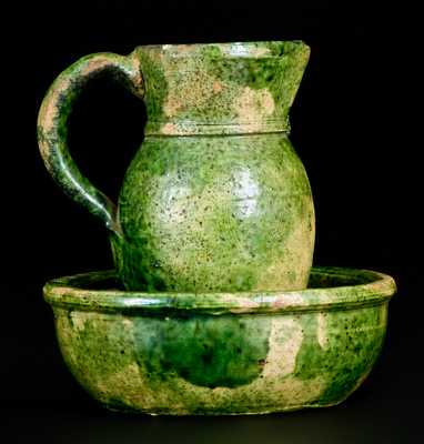 Exceptional Miniature Multi-Glazed Redware Pitcher and Bowl Set, Strasburg, VA, c1890