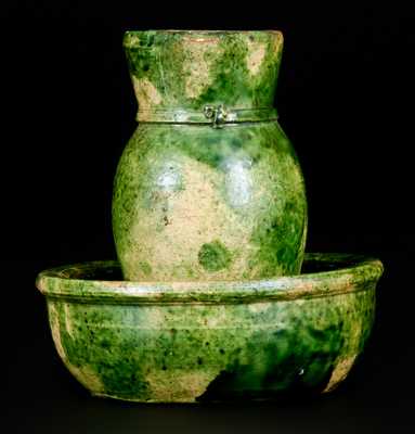 Exceptional Miniature Multi-Glazed Redware Pitcher and Bowl Set, Strasburg, VA, c1890