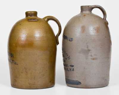 Two Virginia Stoneware Advertising Jugs, Western PA and WV origin, c1875-80