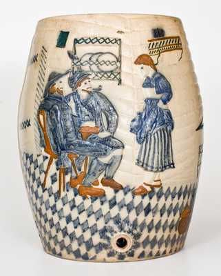 Rare Whites Utica Molded Stoneware Water Cooler w/ Tavern Scene and Woman's Head