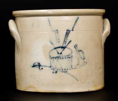 Unusual att. MacQuoid (Manhattan) Crock w/ Detailed Drum, Sword, Bugle Decoration