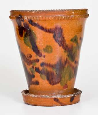 Shenandoah Valley Multi-Glazed Redware Flowerpot with Green and Brown Decoration