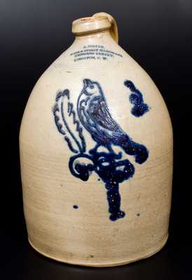 Rare Canadian Stoneware Jug with Bird Decoration and Impressed KINGSTON, C.W. Advertising