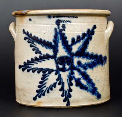 Fine 4 Gal. T. HARRINGTON / LYONS Stoneware Crock with Slip-Trailed Starface Decoration