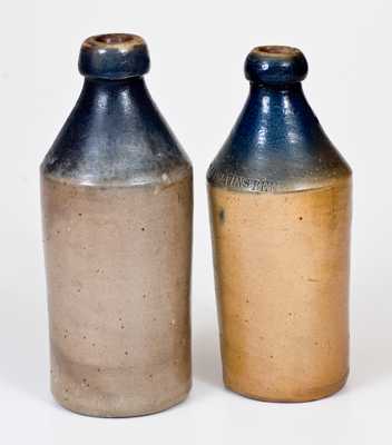 Lot of Two: Fine Stoneware Bottles with Cobalt Tops and Impressed Advertising