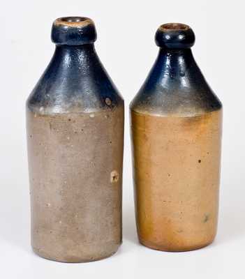 Lot of Two: Fine Stoneware Bottles with Cobalt Tops and Impressed Advertising