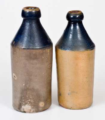 Lot of Two: Fine Stoneware Bottles with Cobalt Tops and Impressed Advertising