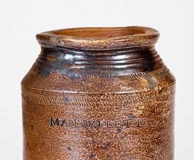 Rare 1/2 Gal. Stoneware Jar MADE BY J. LETTS, Joshua Letts, South Amboy, NJ