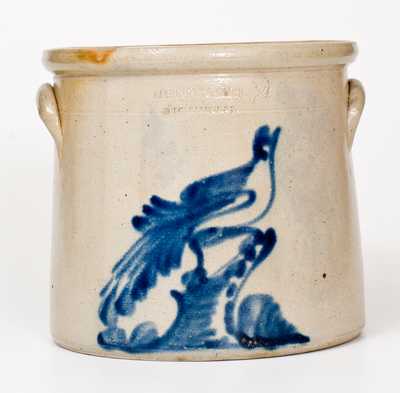 2 Gal. RIEDINGER & CAIRE / POUGHKEEPSIE, NY Stoneware Crock w/ Bird-on-Stump Decoration