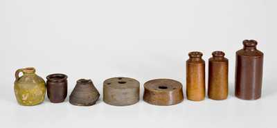 Lot of Eight: Small Stoneware Articles incl. Early Inkwells w/ Impressed Asterisks