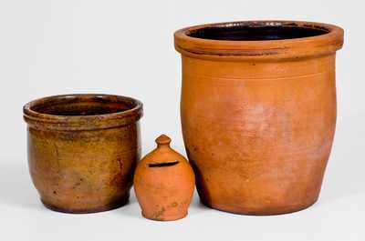 Lot of Three: Redware Articles incl. JOHN BELL / WAYNESBORO Signed Jar