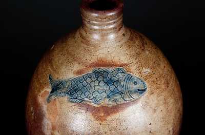 Excellent Boston Stoneware Jug w/ Impressed Fish Decoration, early 19th century