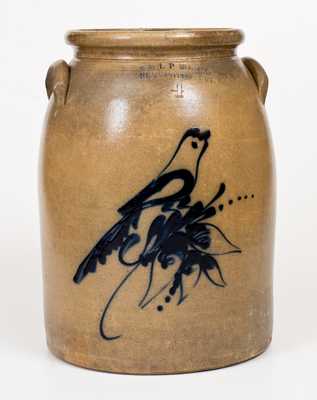 Four-Gallon E & L P NORTON / BENNINGTON VT Stoneware Jar w/ Cobalt Bird Decoration