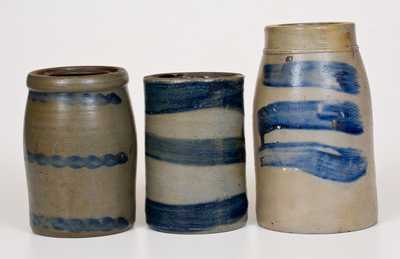 Three Stoneware Canning Jars w/ Cobalt Stripe Decoration, Western PA and WV, c1875