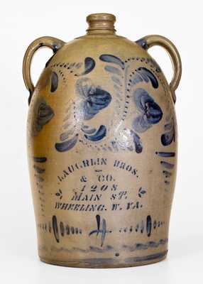 Scarce Four-Gallon Wheeling, WV Stoneware Double-Handled Advertising Jug