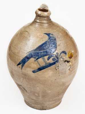 Very Fine 3 Gal. Manhattan Stoneware Jug w/ Incised Bird Decoration, circa 1800