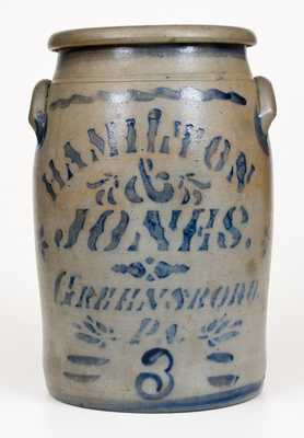 3 Gal. HAMILTON & JONES / GREENSBORO, PA Stoneware Jar