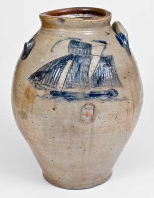 Stoneware Jar w/ Exceptional Incised Ship, probably Middlesex County, NJ