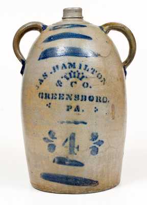 4 Gal. JAS. HAMILTON & CO. / GREENSBORO, PA Stoneware Double-Handled Jug