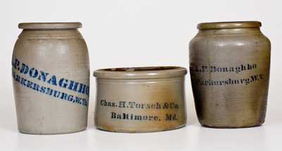 Lot of Three: Chas. H. Torsch / Baltimore Butter Crock, Two A. P. DONAGHHO Jars