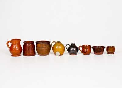 Lot of Eight: Miniature Redware Jars, Jugs, and Pans