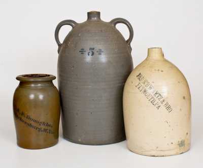 Lot of Three: A. P. DONAGHHO Jar, Donaghho Double-Handled Jug, PLYMOUTH, PA Jug