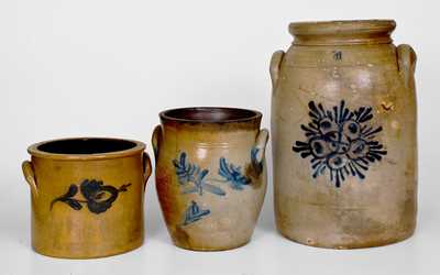 Lot of Three: Northeastern Stoneware Jars with Cobalt Floral Decoration