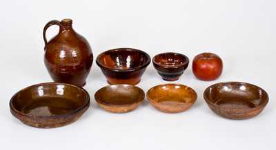Lot of Eight: Assorted Redware Articles incl. Apple Bank, Jug, Bowl, Mold, and Dishes