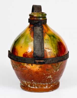 Bristol County, MA Copper-Glazed Redware Jug w/ Tin Make-Do Handle