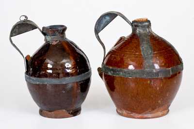 Two 19th Century American Redware Jugs with Tin Make-Do Handles