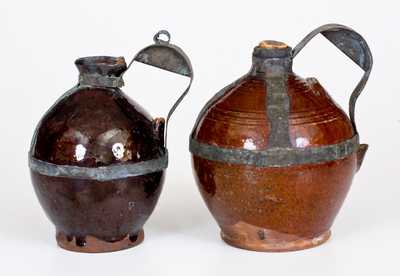Two 19th Century American Redware Jugs with Tin Make-Do Handles