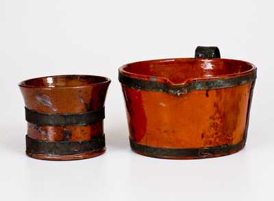 Two Glazed 19th Century Redware Articles with Tin Make-Do Handles, probably PA origin