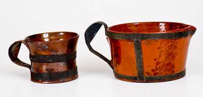 Two Glazed 19th Century Redware Articles with Tin Make-Do Handles, probably PA origin