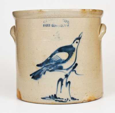 Four-Gallon OTTMAN BRO S / FORT EDWARD, N.Y. Crock w/ Cobalt Bird-on-Stump