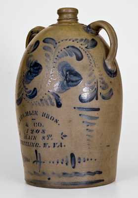 Scarce Four-Gallon Wheeling, WV Stoneware Double-Handled Advertising Jug