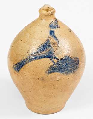 Very Fine Manhattan Stoneware Jug w/ Elaborate Incised Bird Decoration