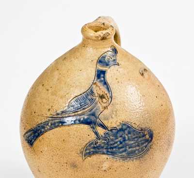 Very Fine Manhattan Stoneware Jug w/ Elaborate Incised Bird Decoration