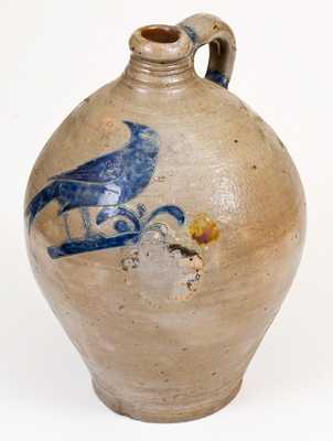 Very Fine 3 Gal. Manhattan Stoneware Jug w/ Incised Bird Decoration, circa 1800