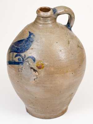 Very Fine 3 Gal. Manhattan Stoneware Jug w/ Incised Bird Decoration, circa 1800