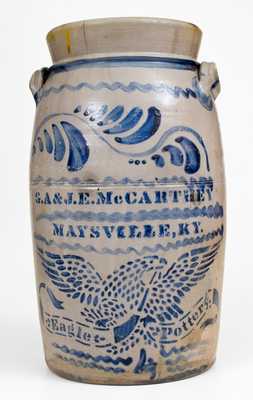 4 Gal. G. A. & J. E. MCCARTHEY / MAYSVILLE, KY Stoneware Churn, EAGLE POTTERY