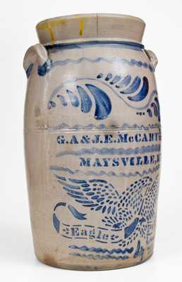 4 Gal. G. A. & J. E. MCCARTHEY / MAYSVILLE, KY Stoneware Churn, EAGLE POTTERY