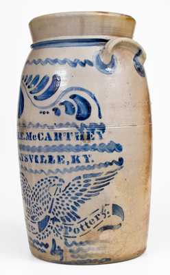 4 Gal. G. A. & J. E. MCCARTHEY / MAYSVILLE, KY Stoneware Churn, EAGLE POTTERY