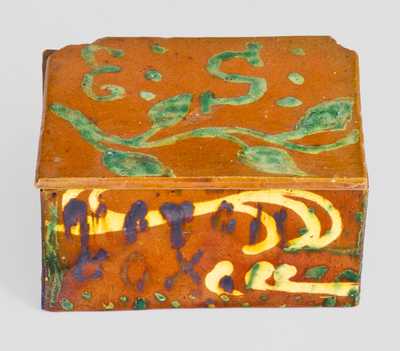 Exceptional Edward Singer / Haycock Township, PA Redware Match Box, 1895 / E. S.