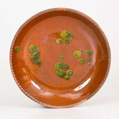 Redware Plate w/ Unusual Dripped Copper Decoration, Singer Pottery, Bucks County, PA