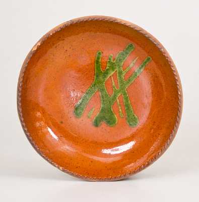 Redware Plate w/ Crisscrossed Copper Slip Design, Singer Pottery, Bucks County, PA