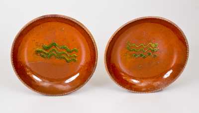 Scarce Pair of Redware Plates w/ Copper Slip Decoration, Singer, Haycock Twp, PA