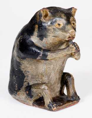 Exceedingly Rare and Important American Redware Figural Cat-with-Mouse Flowerpot