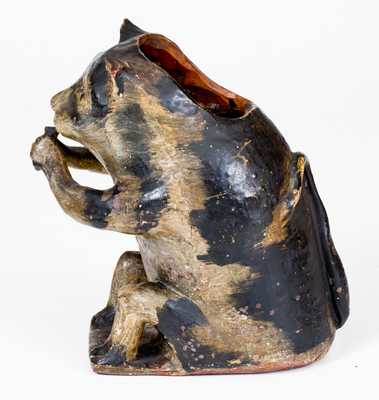 Exceedingly Rare and Important American Redware Figural Cat-with-Mouse Flowerpot