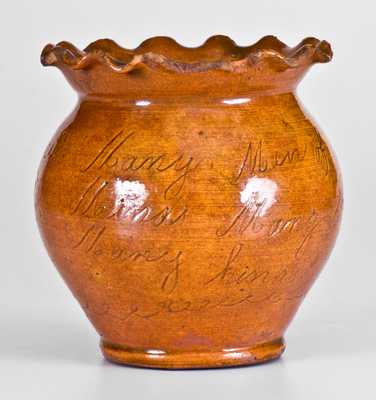Important George Kline, Harrisonburg, Virginia, 1826 Redware Sugar Bowl